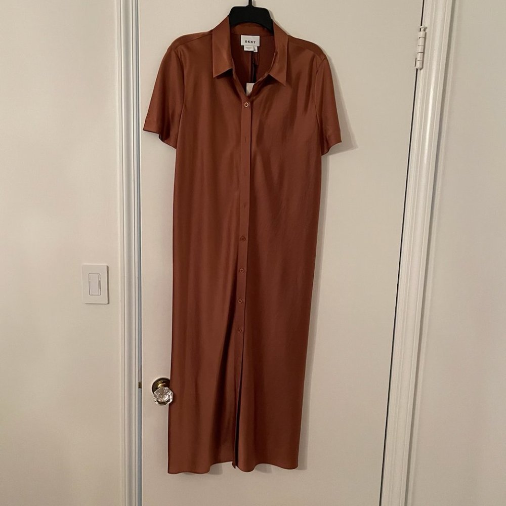 NWT DKNY Copper Button Down Satin-y Midi Shirt Dress